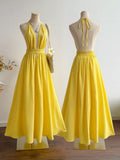 Yellow Swiss Dot Halter Neck Smocked Backless Maxi Dress