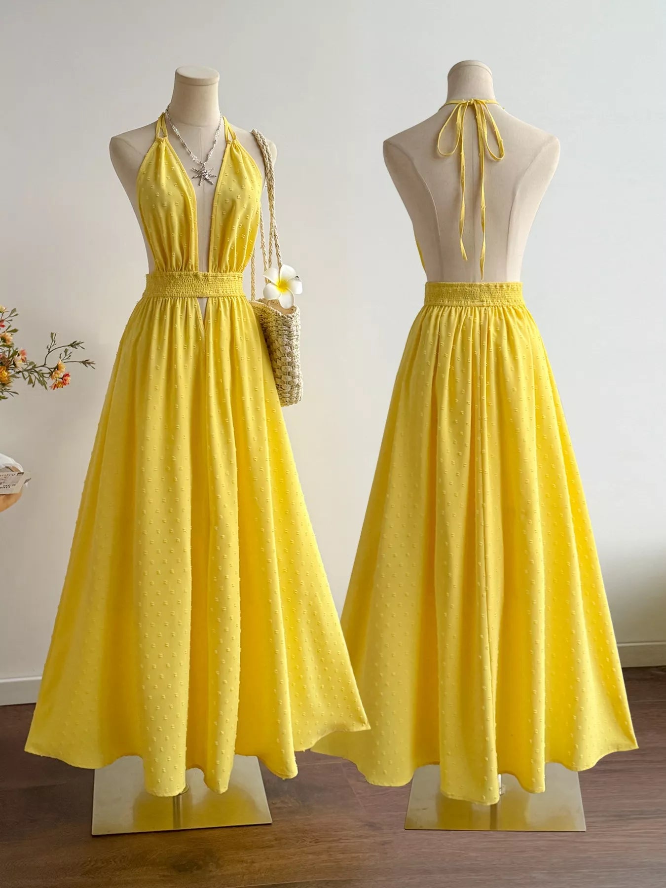 Yellow Swiss Dot Halter Neck Smocked Backless Maxi Dress