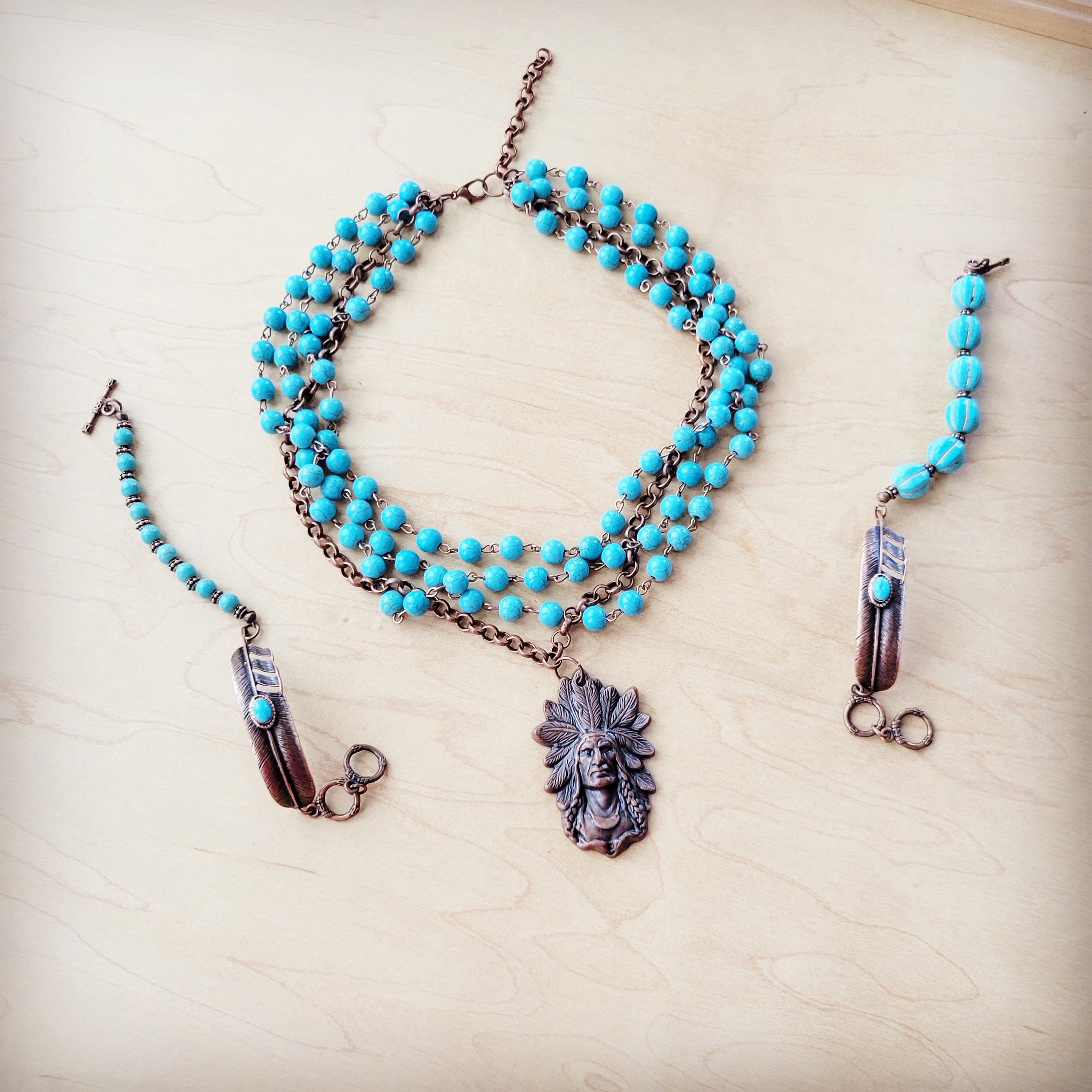 **Blue Melon Turquoise Beaded Bracelet on Copper Feather 810u
