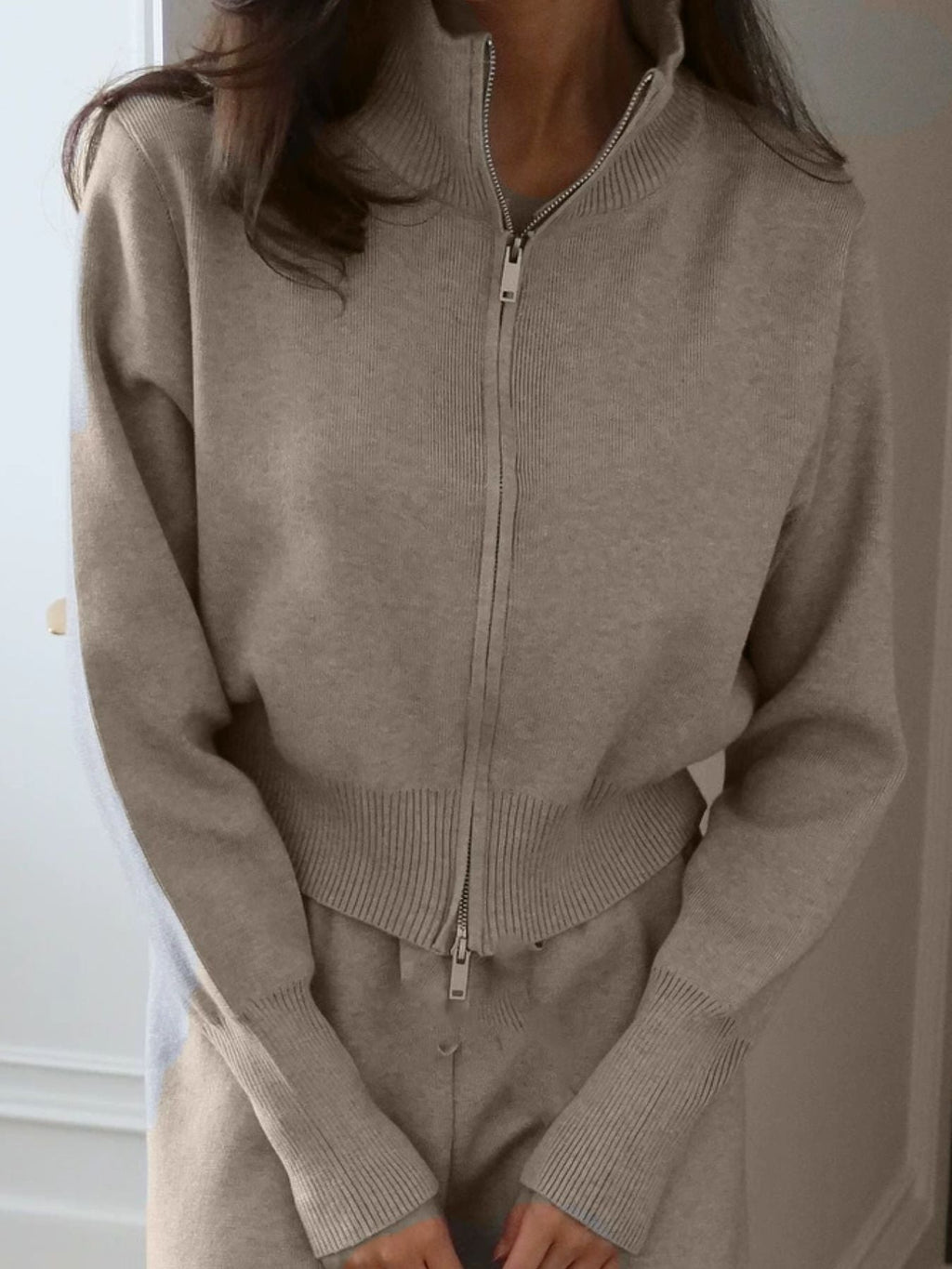 Women's Zip Up Collared Loungewear Set with Wide Leg Pants