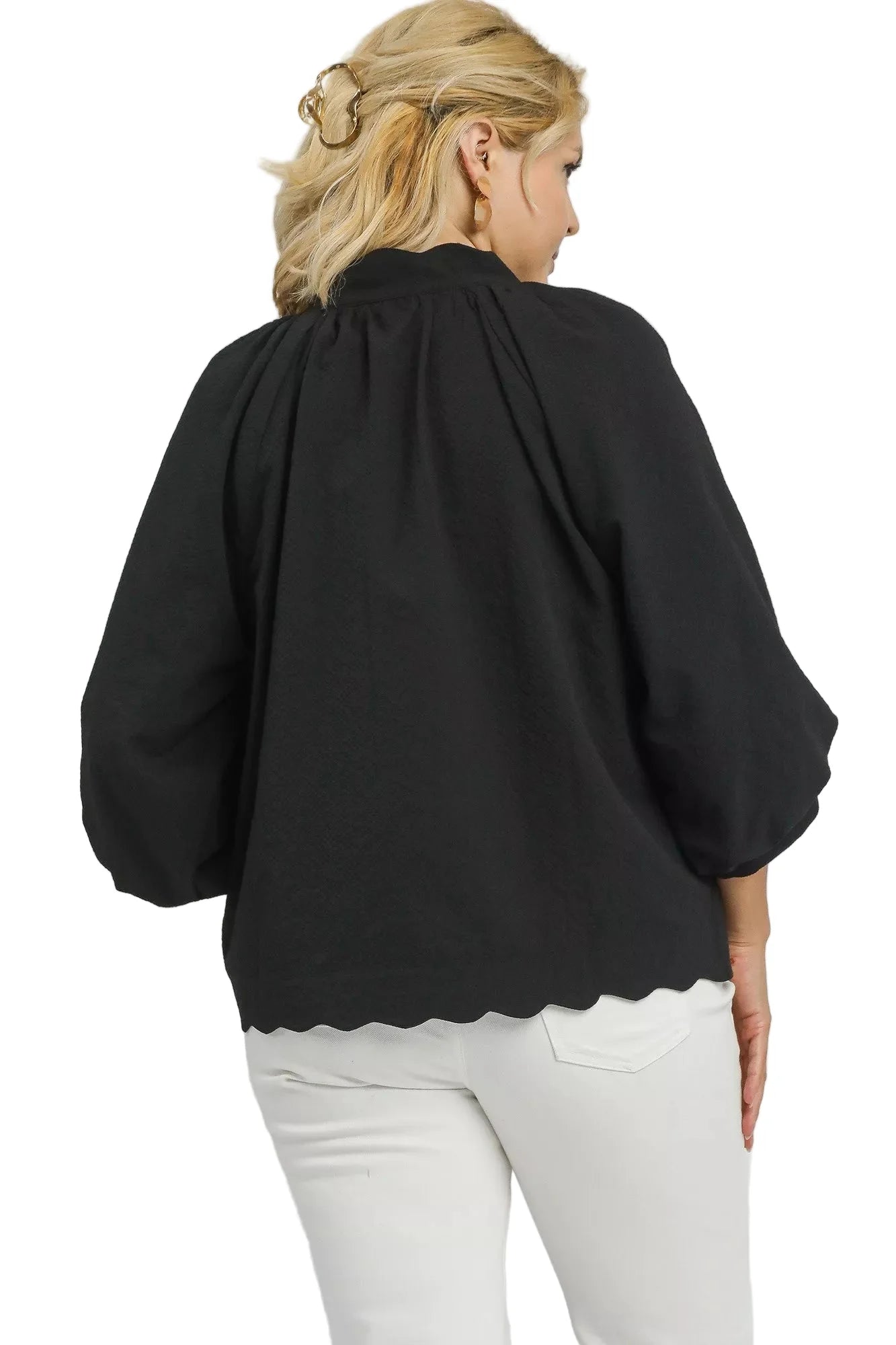 Umgee Full Size Textured Notched Balloon Sleeve Blouse Plus Size