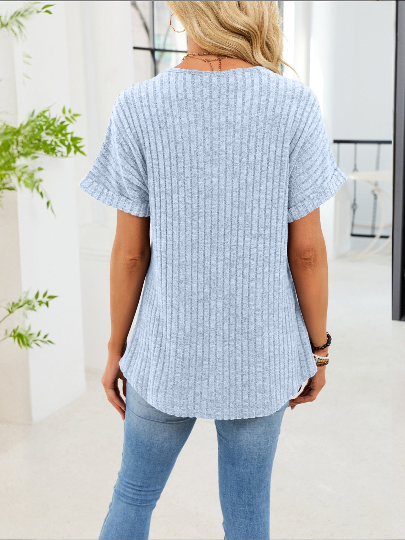 Women's Ribbed Knit Short Sleeve V-Neck T-Shirt with Buttons
