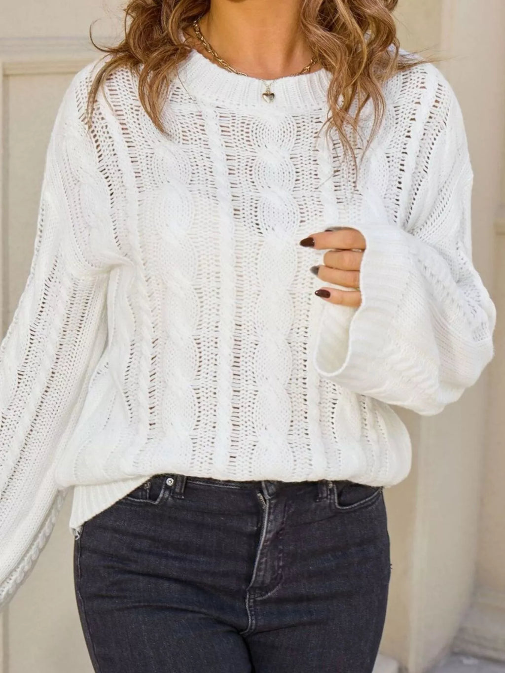 Women's White Cable Knit Long Sleeve Openwork Sweater