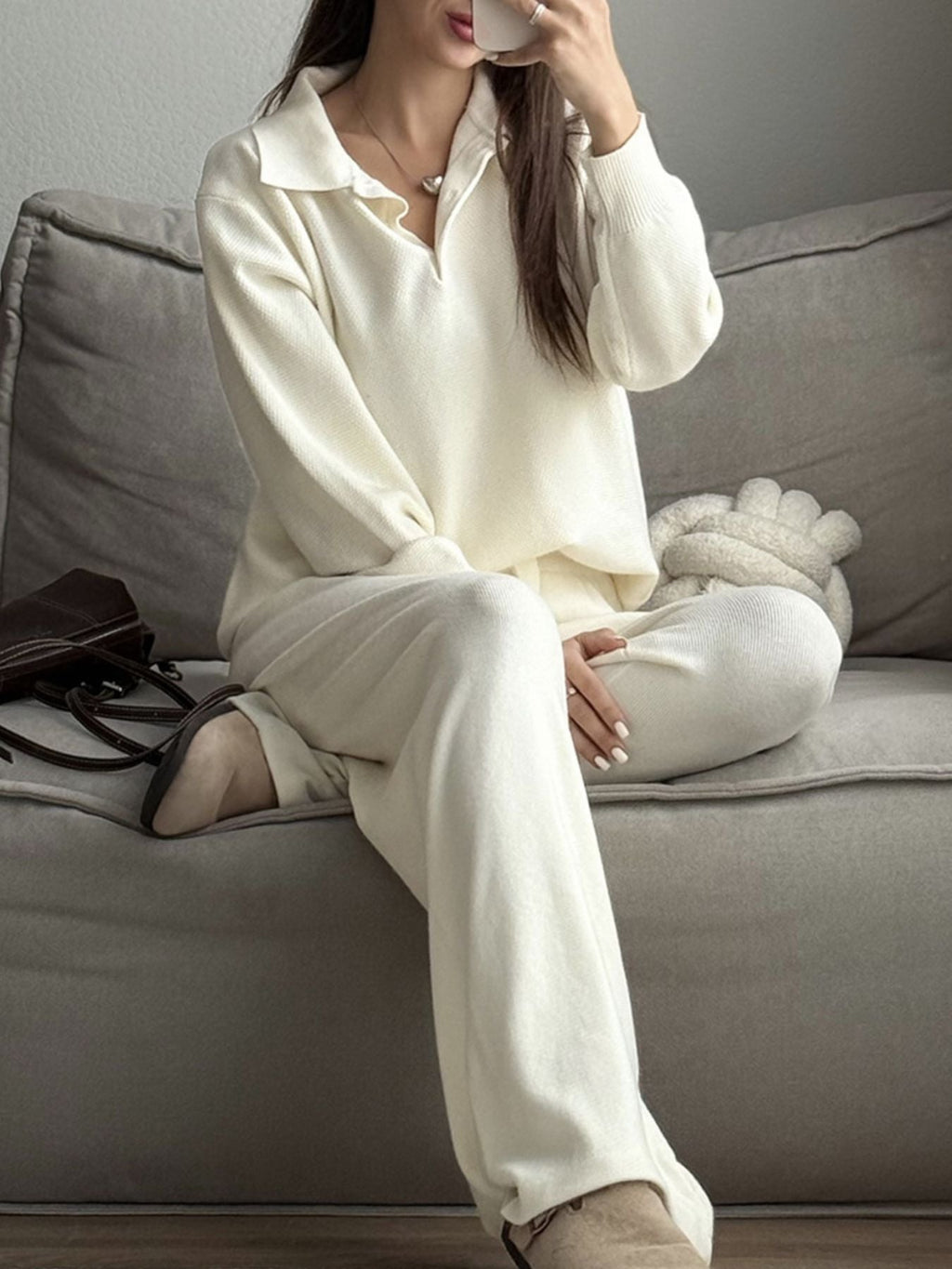 Women's Knit Polo Top and Wide Leg Pants Two-Piece Set