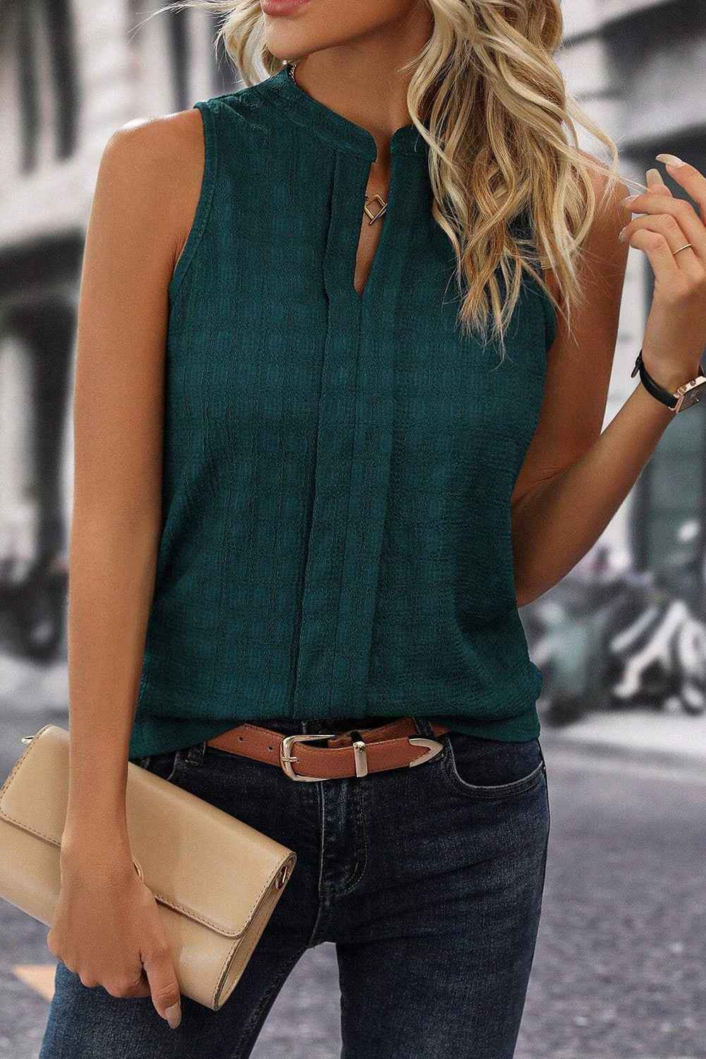 Sleeveless Top - Textured Split V Neck Women's Blouse