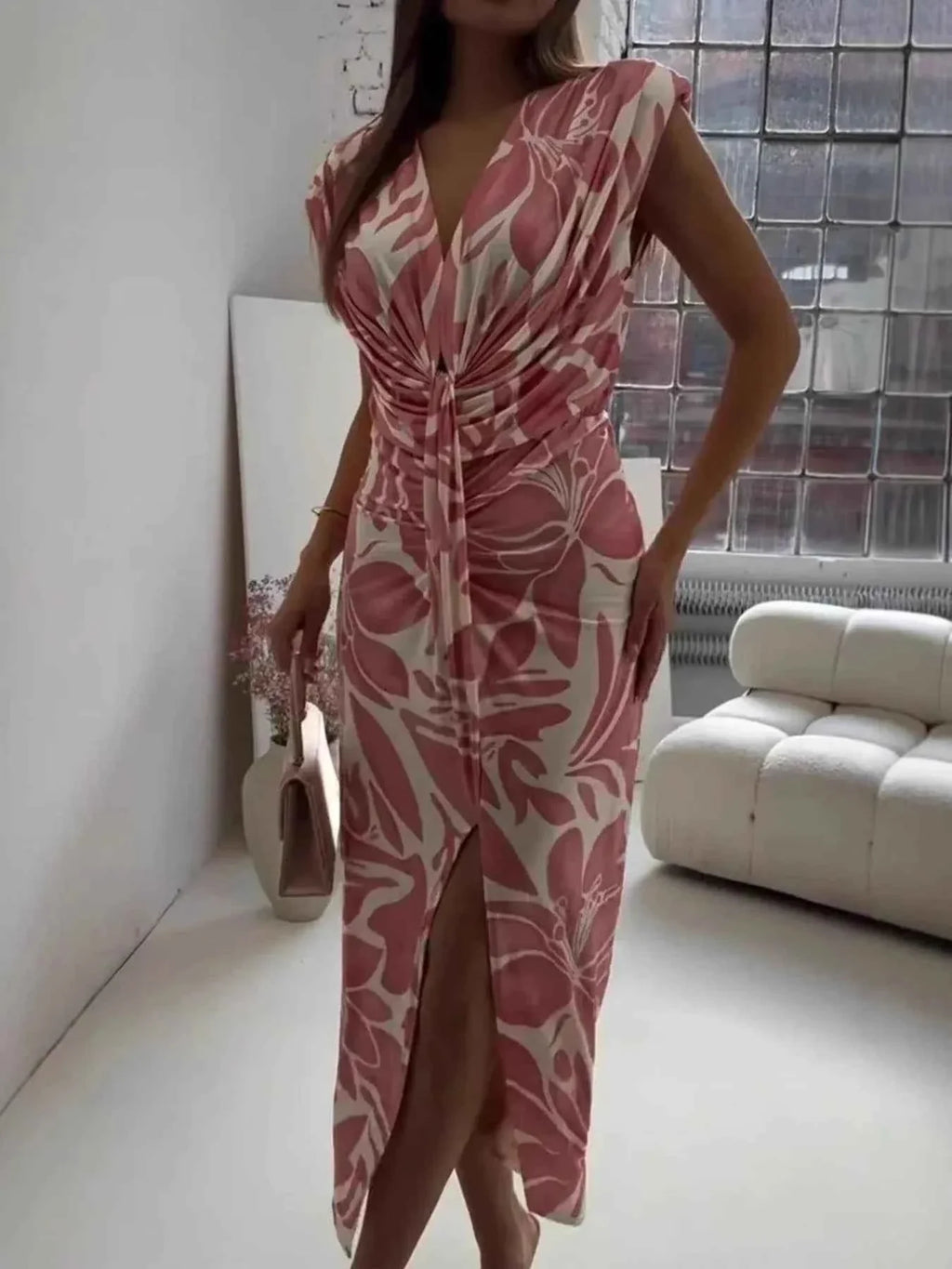 Full Size Slit Printed V-Neck Midi Dress for Plus Size Women - Stylish Plus Size Midi Dress