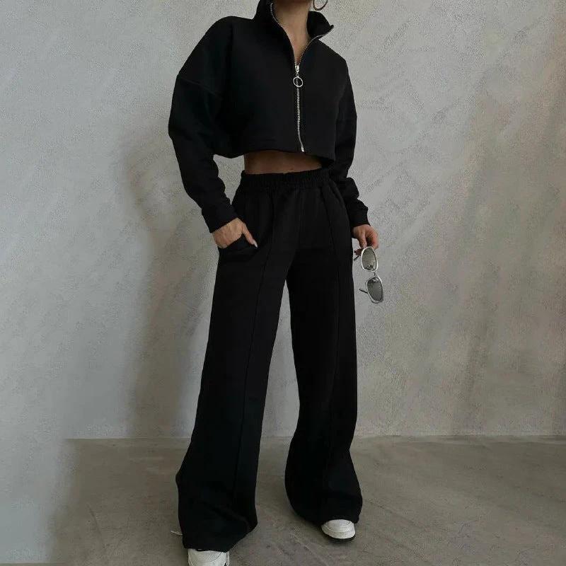 Women's Solid Color Round Neck Pullover Long Sleeve Sweater Trousers Suit