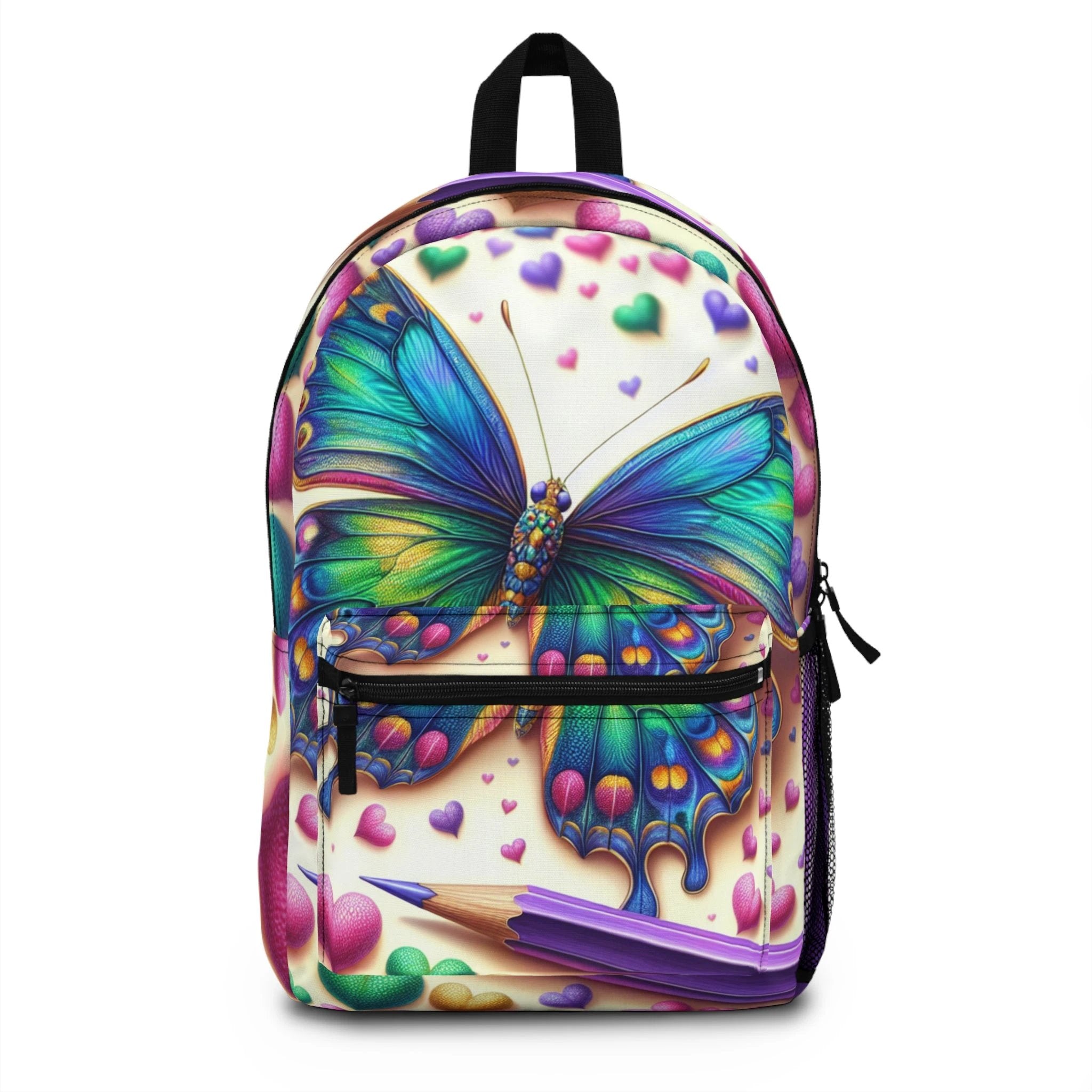 Vibrant Butterfly Art Backpack - Colorful Heart Design for Kids & Teens