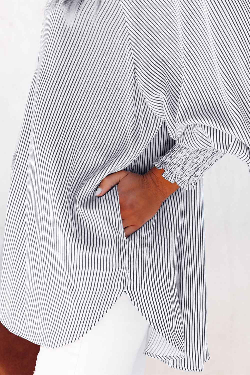 Striped Casual Blouse with Shirred Cuffs