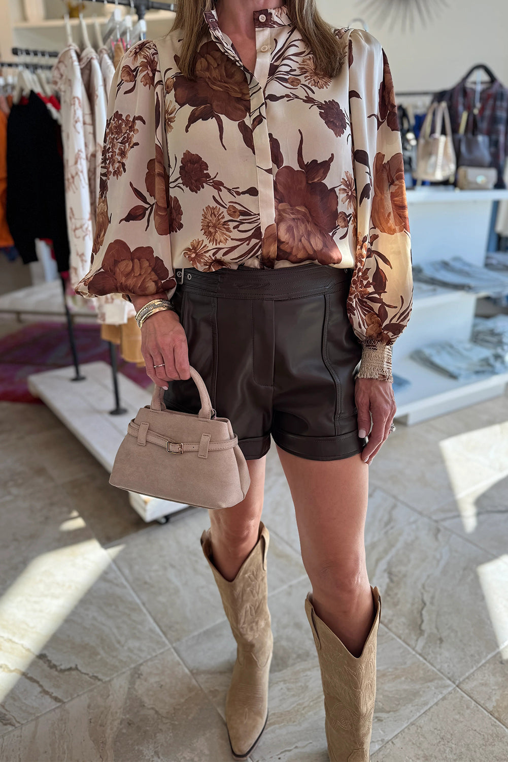 Brown Floral Print Button Down Poet Sleeve Women's Blouse
