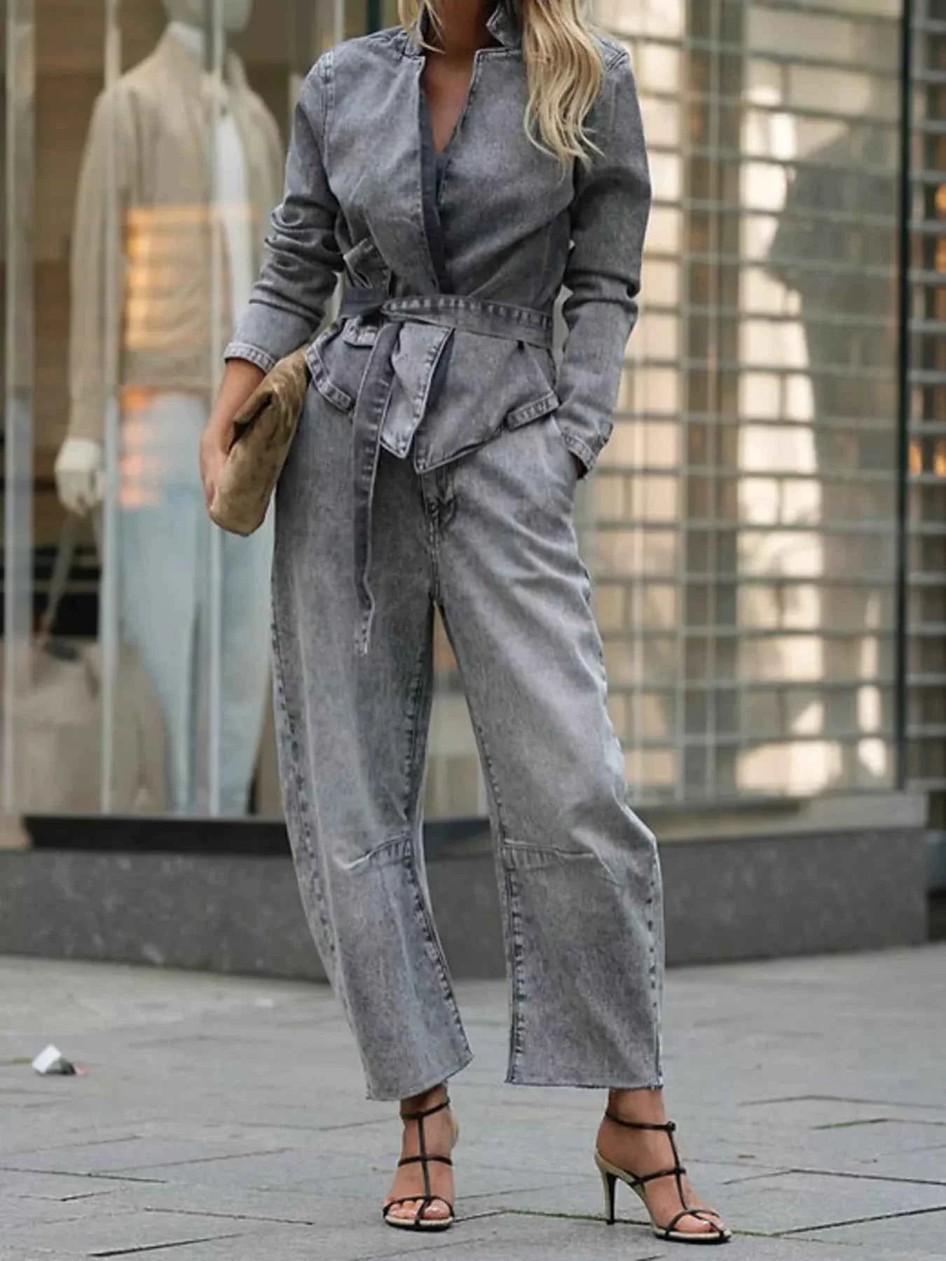Long Sleeve Two-Piece Denim Pantsuit