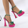 Bright Color-blocking Bow Thick-soled Buckle Chunky High Heels See size chart under “more details”