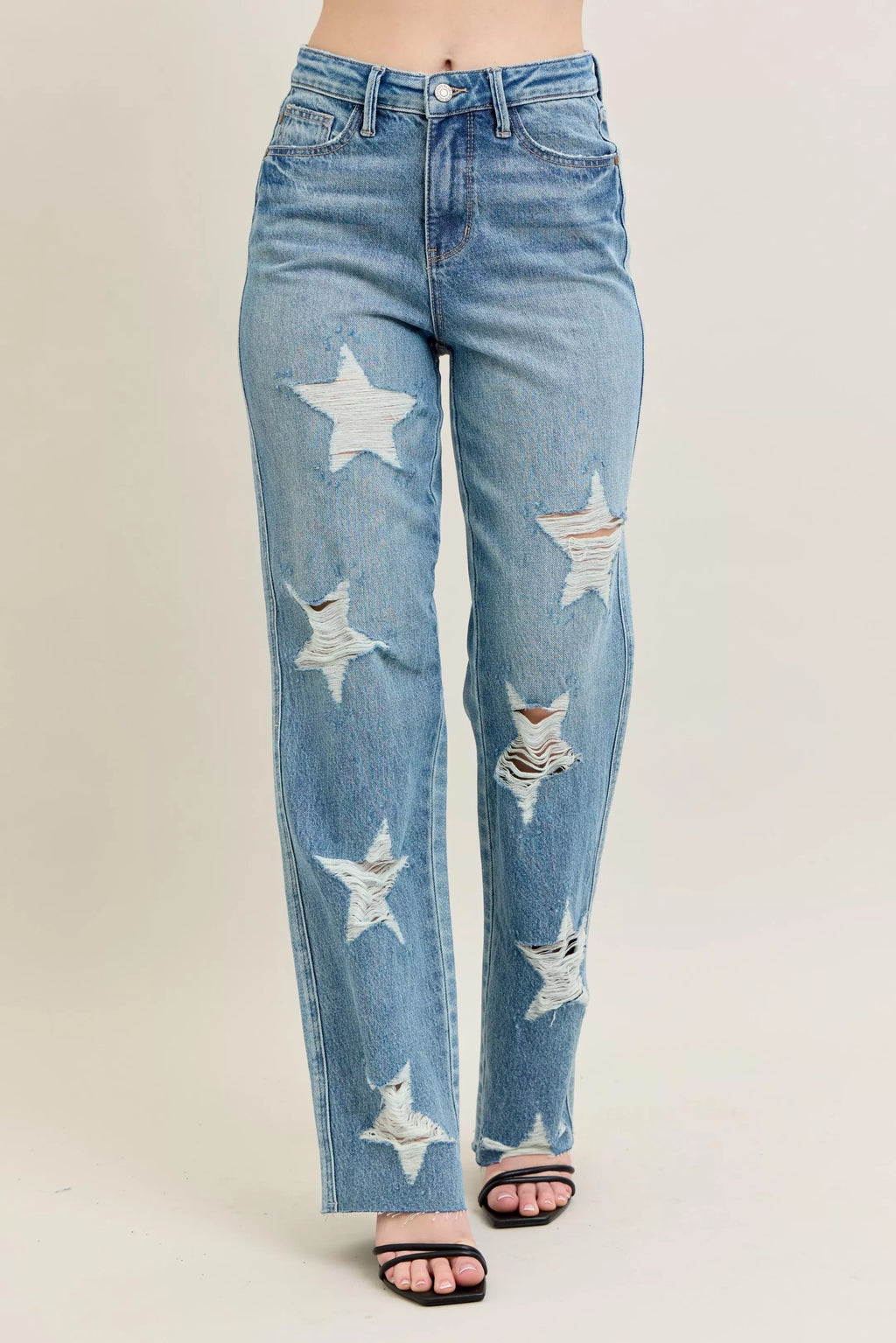 Judy Blue High Waist Rigid Jeans With Edgy Magic Star Destroy Detail 90s Straight Leg Plus Size