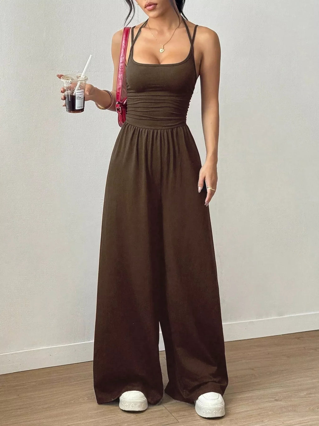 Women's Sleeveless Wide Leg Knit Jumpsuit in Grey and Brown