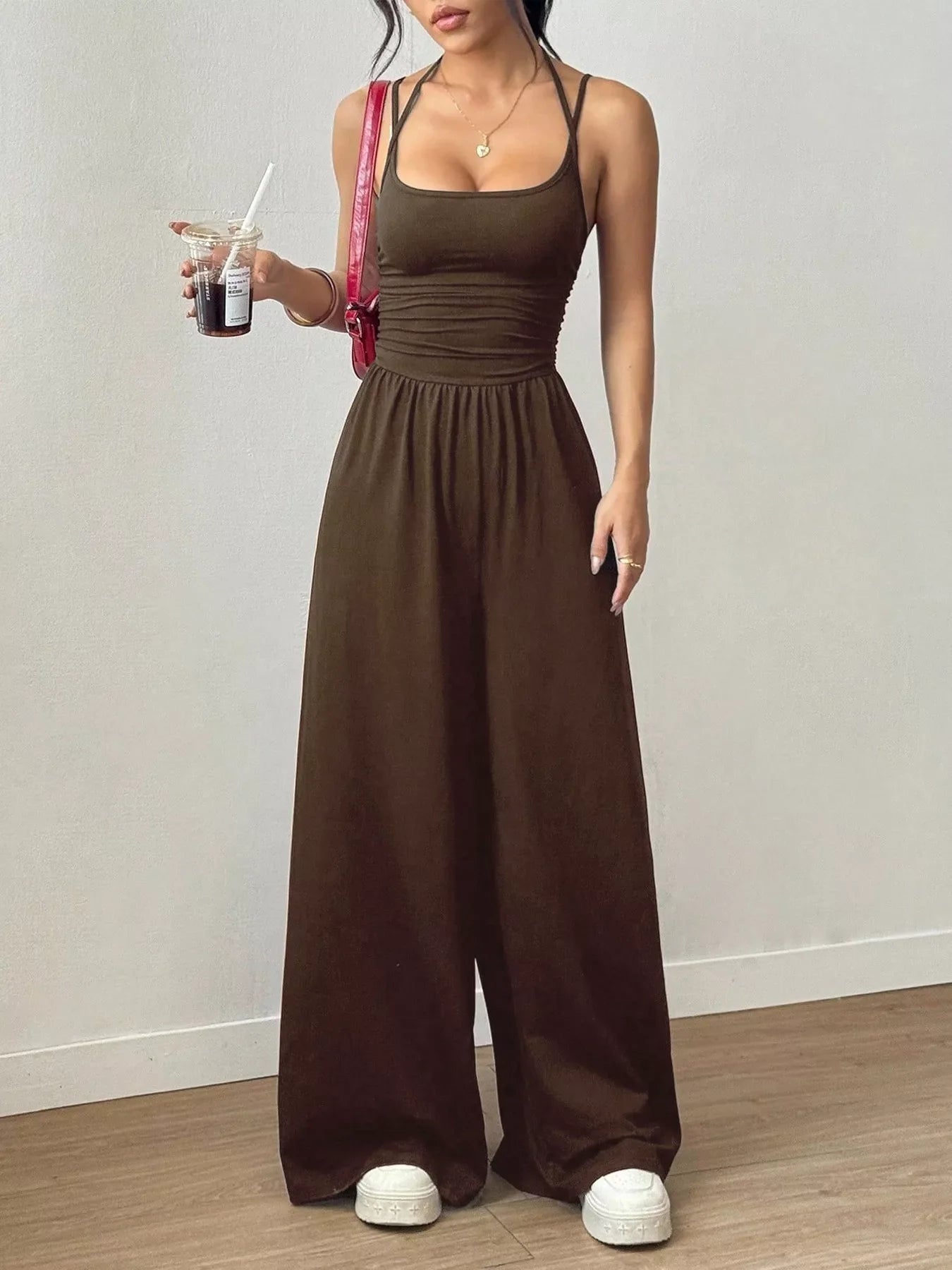 Women's Sleeveless Wide Leg Knit Jumpsuit in Grey and Brown