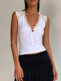 White Sleeveless V-Neck Tank Top with Lace Trim and Front Tie