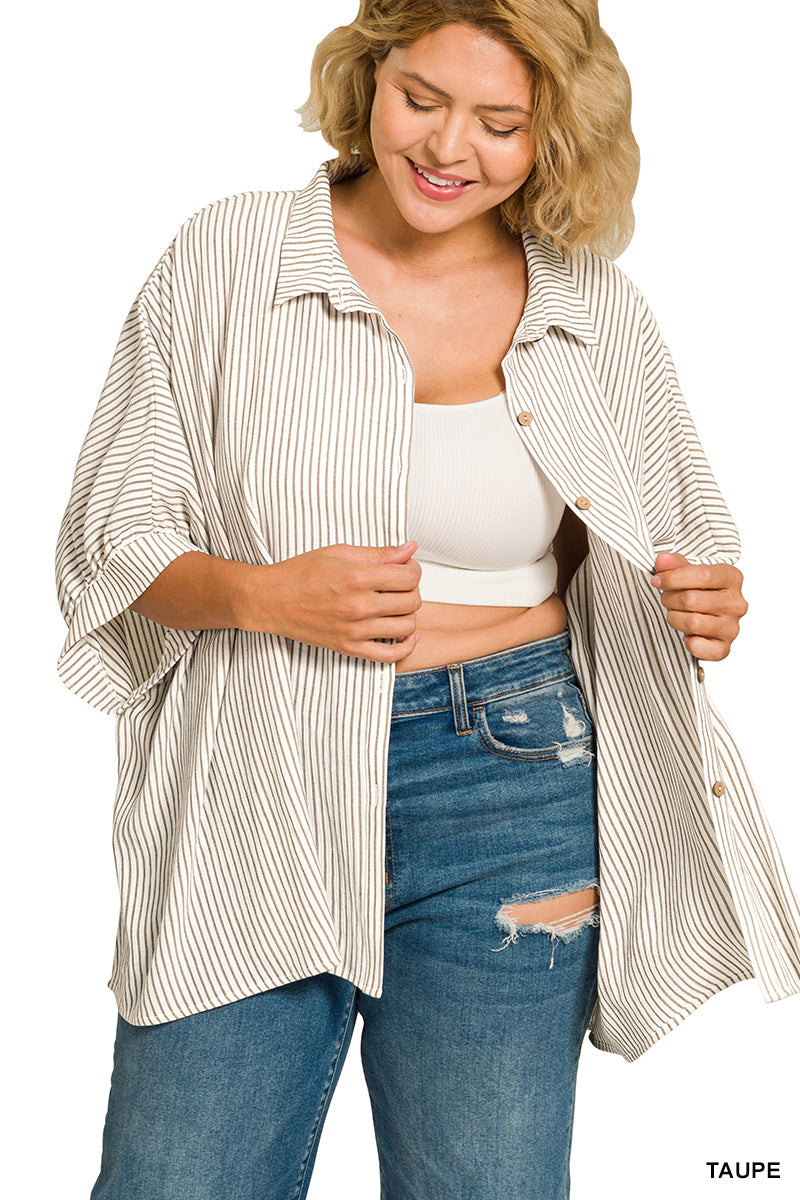 Zenana Woven Stripe Button Down Boxy Shirt | Rayon Blend