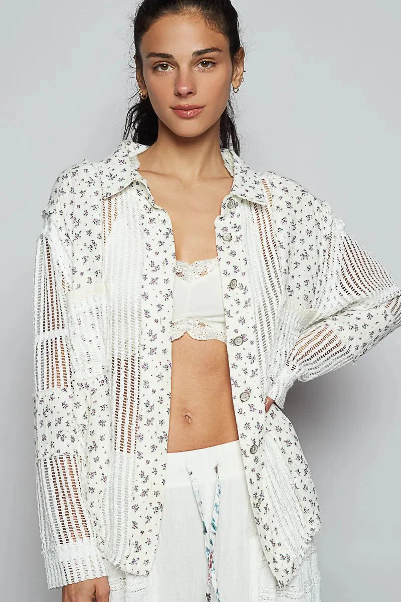 POL Floral Crochet Patchwork Long Sleeve Shirt