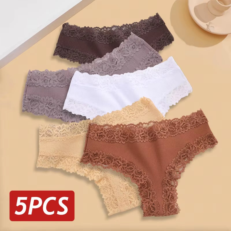 5Pcs/Set Women Lace Seamless Cotton Panties Sexy Brazilian Pants Ribbed Breathable Girls Underwear Soft plus Size Lingerie S-XL