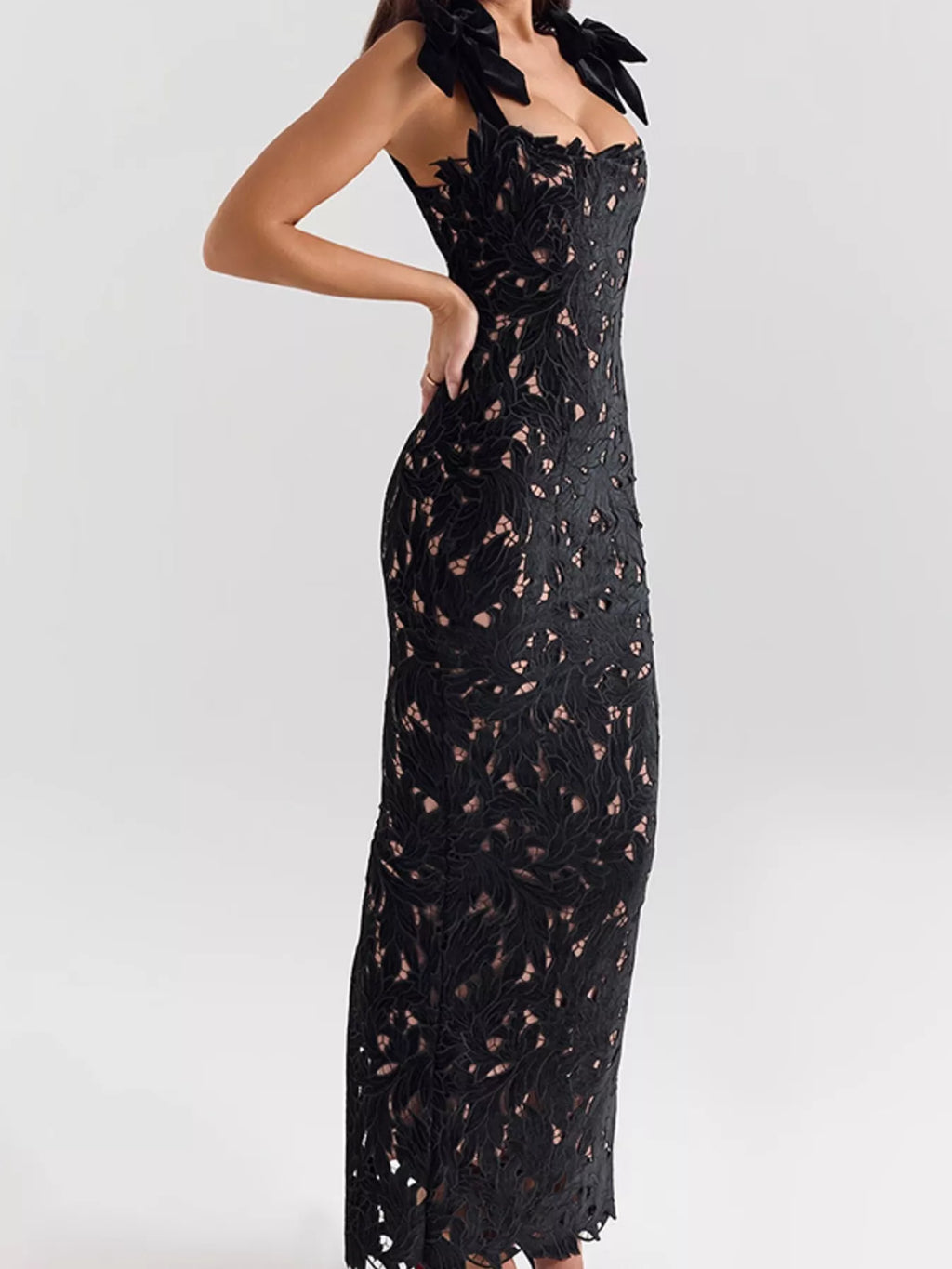 Black Lace Maxi Dress with Tie Shoulder Detail