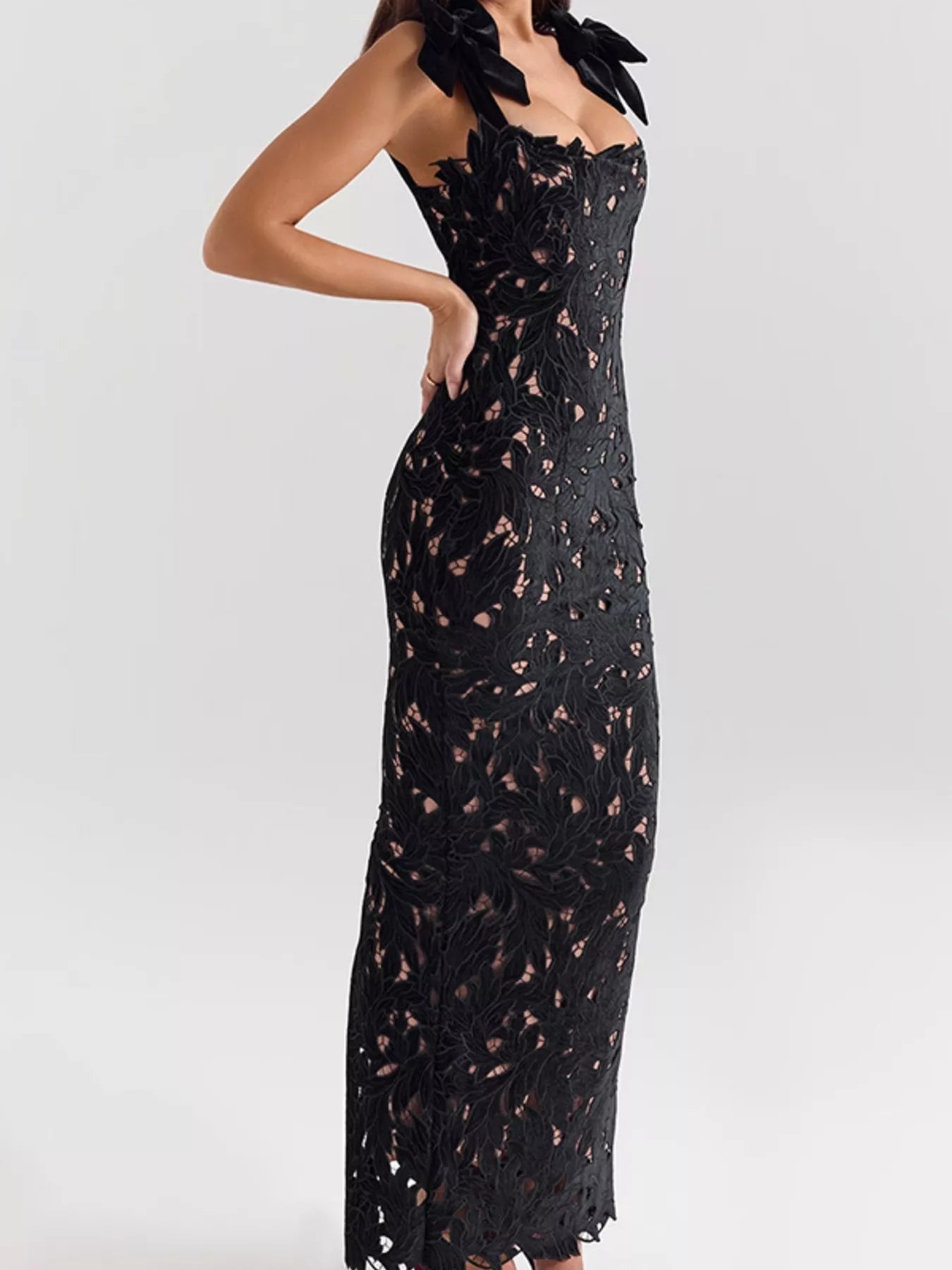Black Lace Maxi Dress with Tie Shoulder Detail