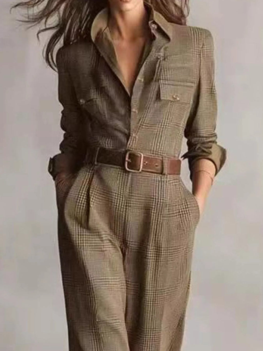Button Front Jumpsuit - Long Sleeve Green Utility Style