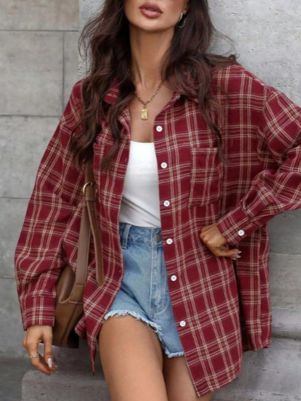 Women's Long Sleeve Plaid Button-Down Shirt in Red