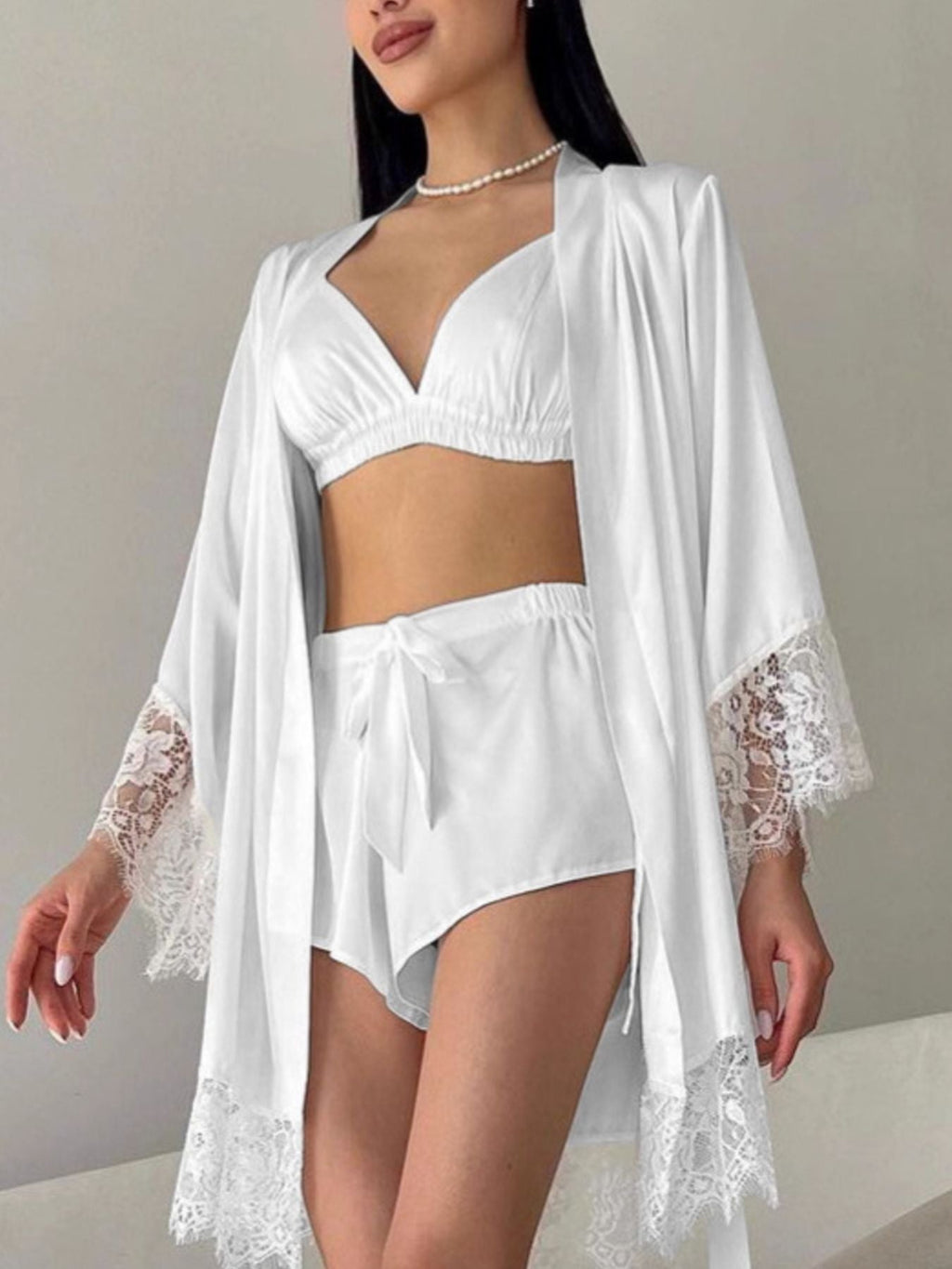 White Lace Trim 3-Piece Cami Cardigan and Shorts Lounge Set