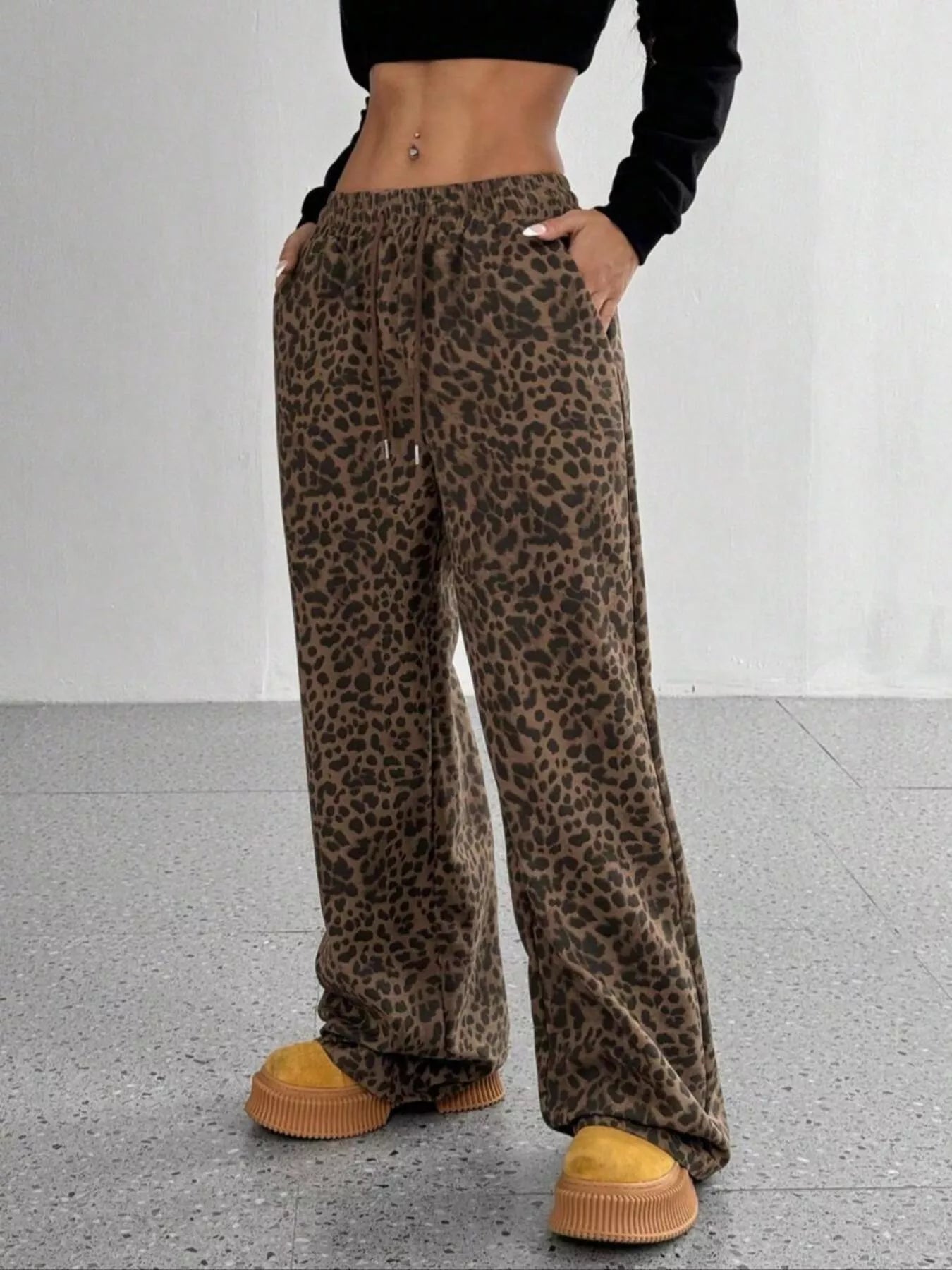 Women's Leopard Print Drawstring Wide Leg Pants Comfy Casual
