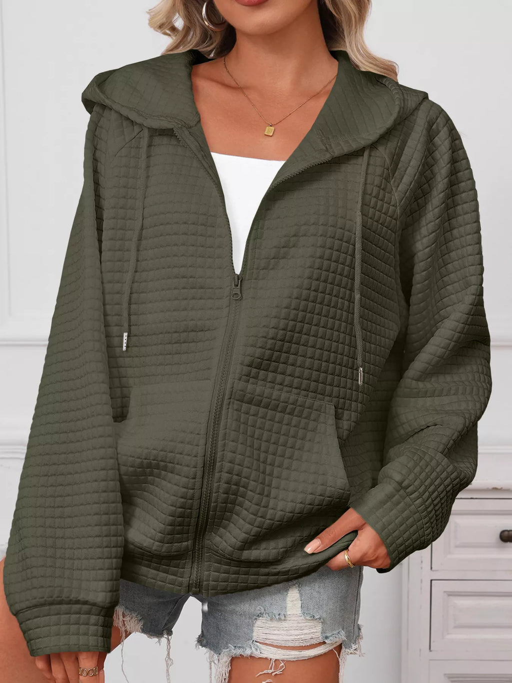 White Quilted Zip-Up Hooded Jacket with Drawstring