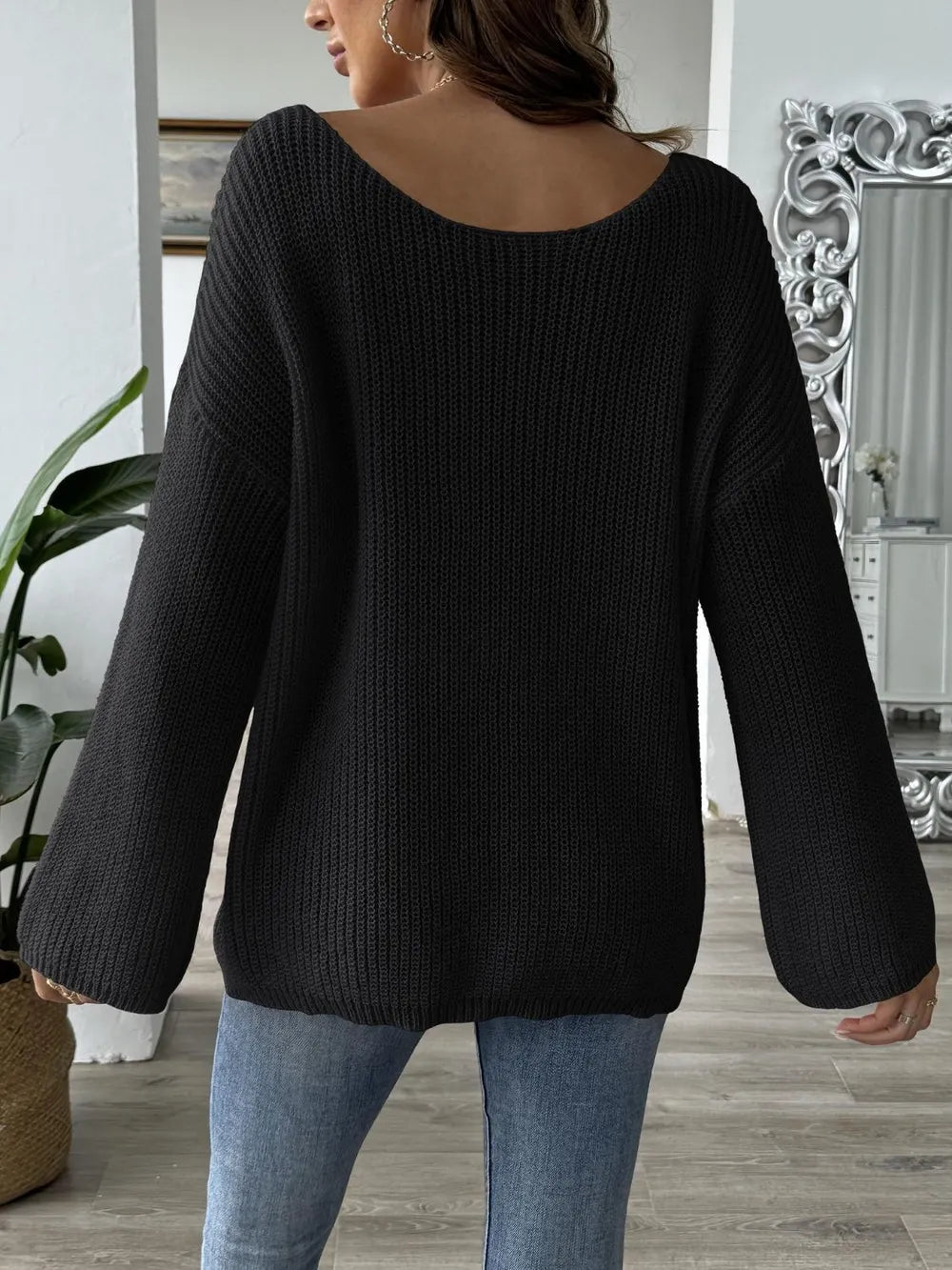 Bow Boat Neck Sweater - Long Sleeve Women's Pullover