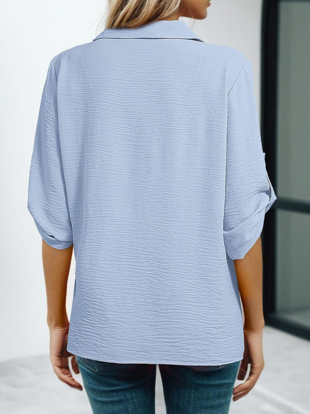 Women Johnny Collar Blouse with Cutout Details and Texture