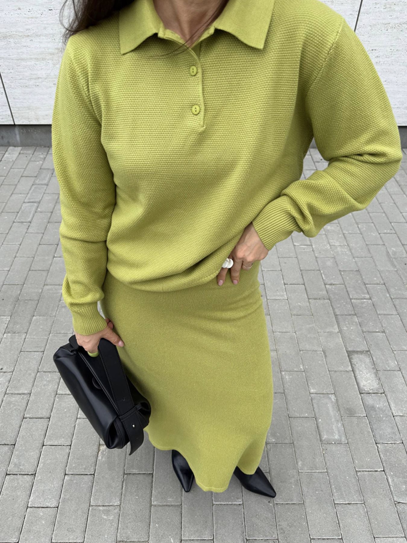 Women's Knit Polo Top and Wide Leg Pants Two-Piece Set