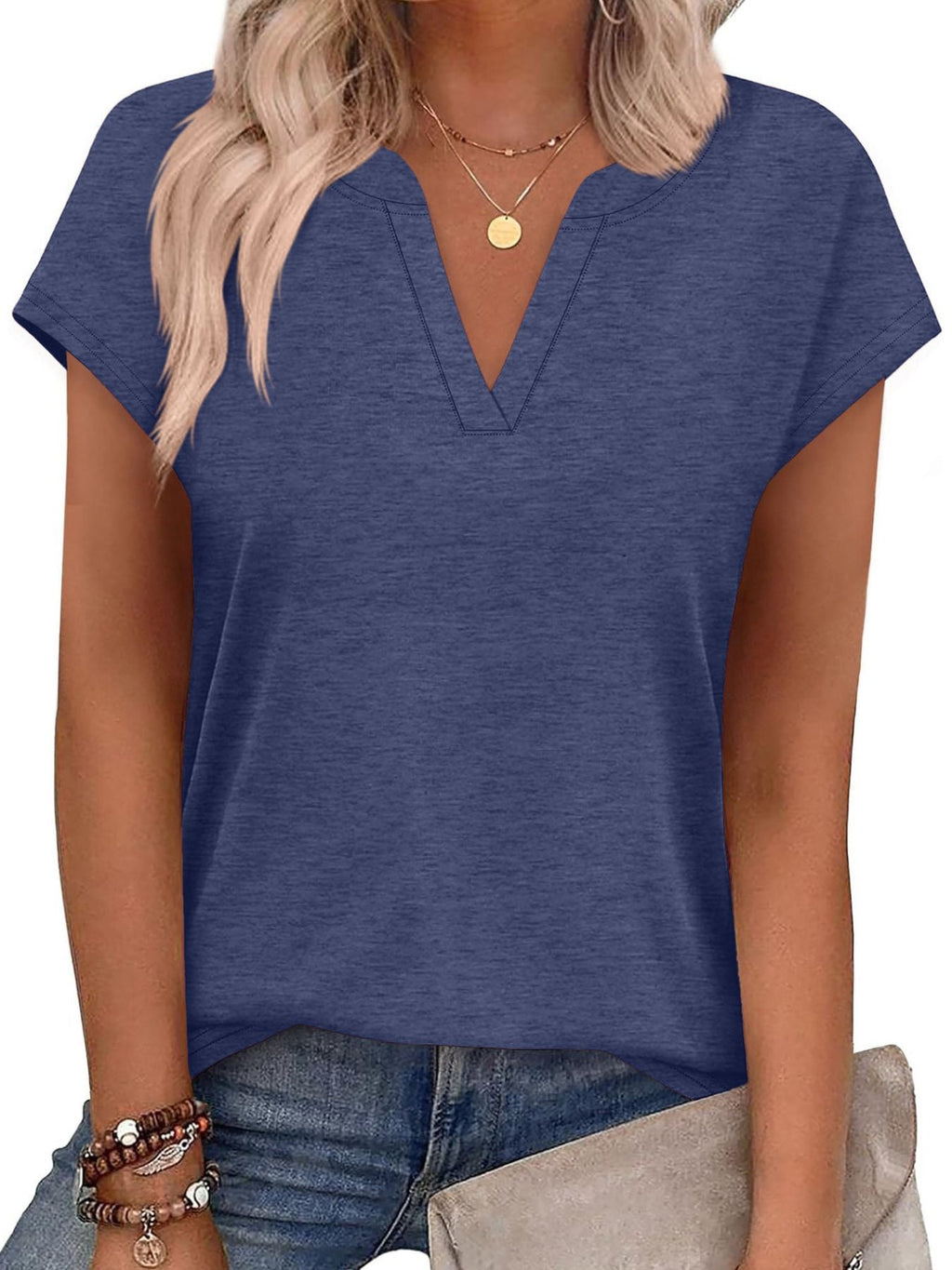 Women's Blue Notched Neck Short Sleeve Basic T-Shirt