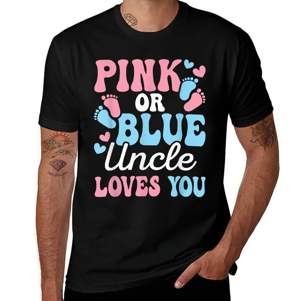 Pink Or Blue Uncle Loves You Funny Gender Reveal Men  Ribbed Collar T-Shirt