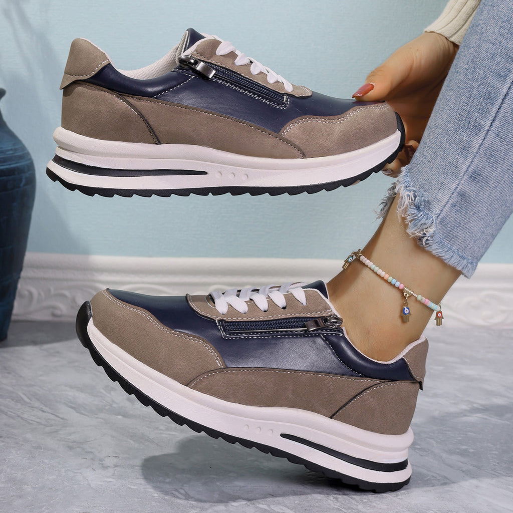 Women's Zipper Detail Lace Up Sneakers Casual Low Heel Shoes