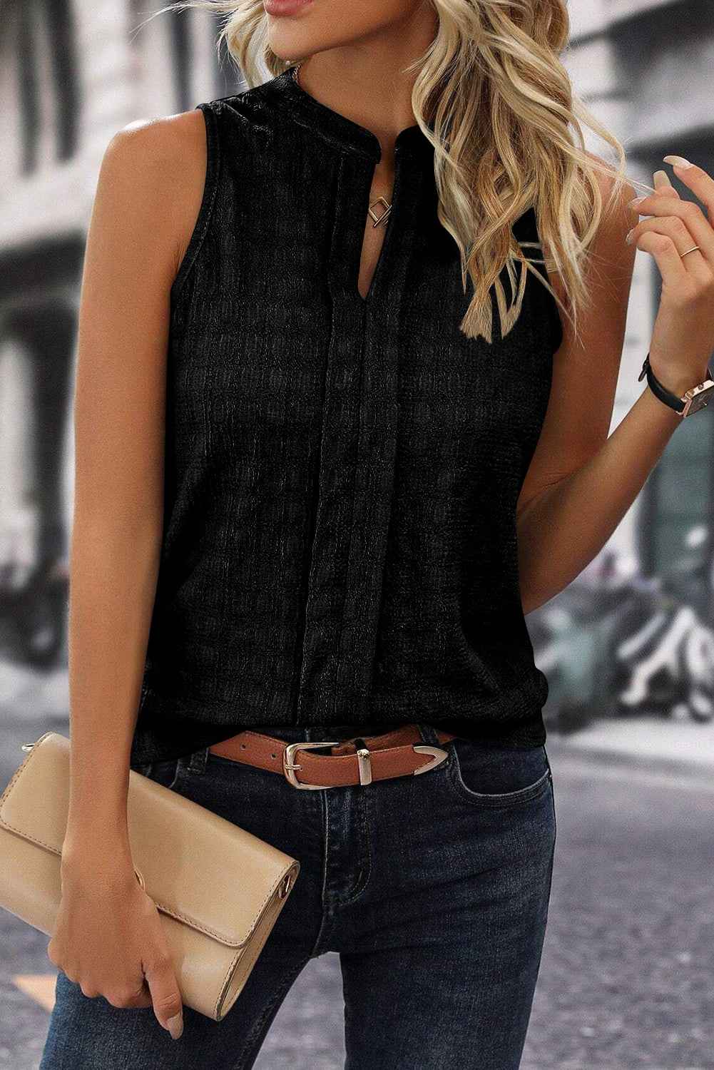 Sleeveless Top - Textured Split V Neck Women's Blouse