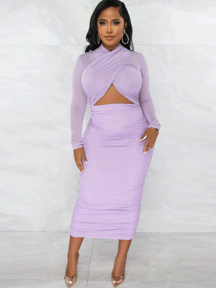Lavender Ruched Mesh Long Sleeve Midi Bodycon Dress