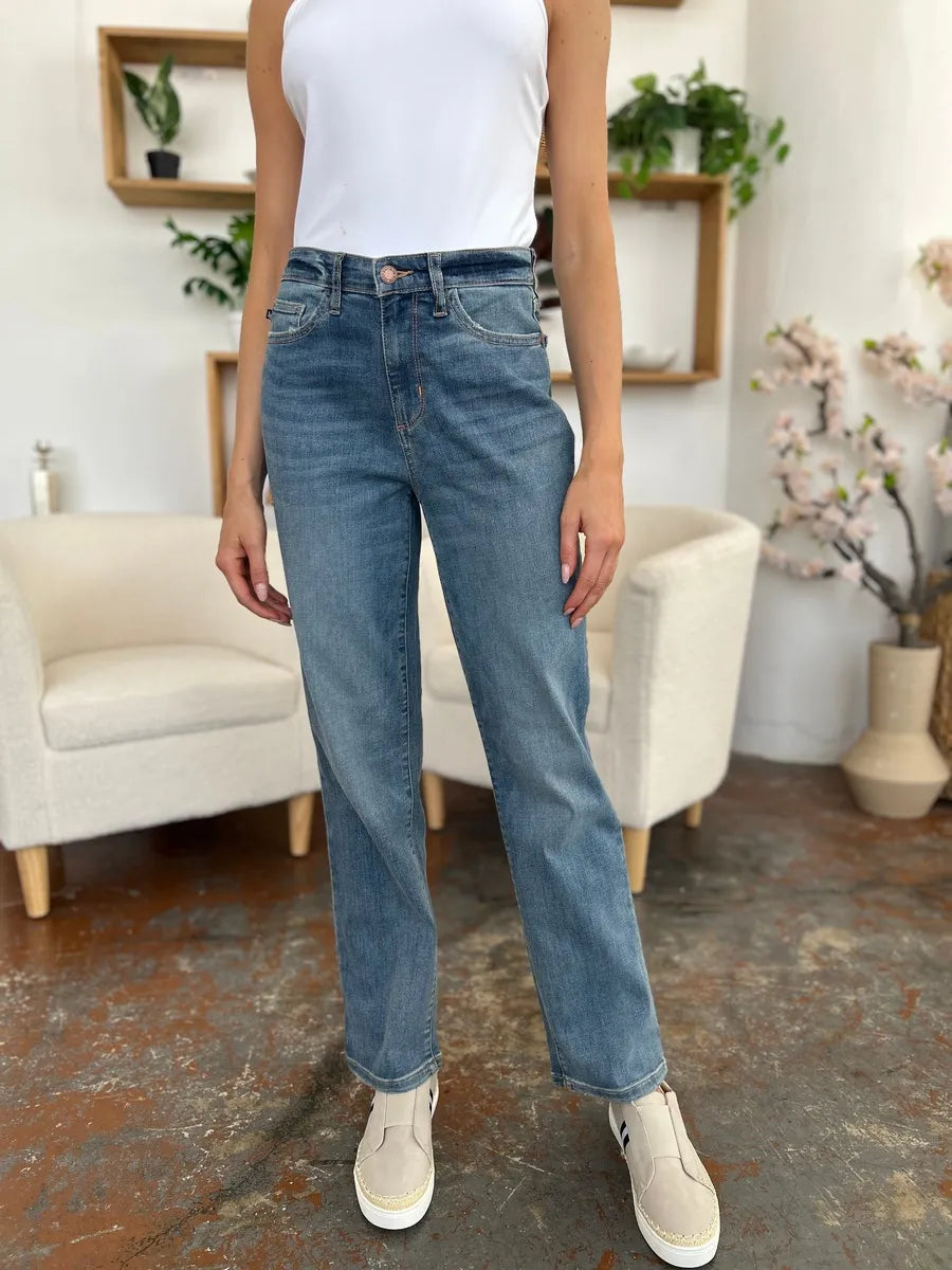 High Waist Straight Leg Jeans – Medium Denim