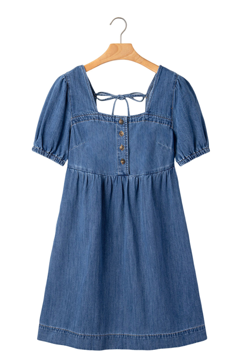 Prussian Blue Button Square Neck Short Puff Sleeve Denim Mini Dress