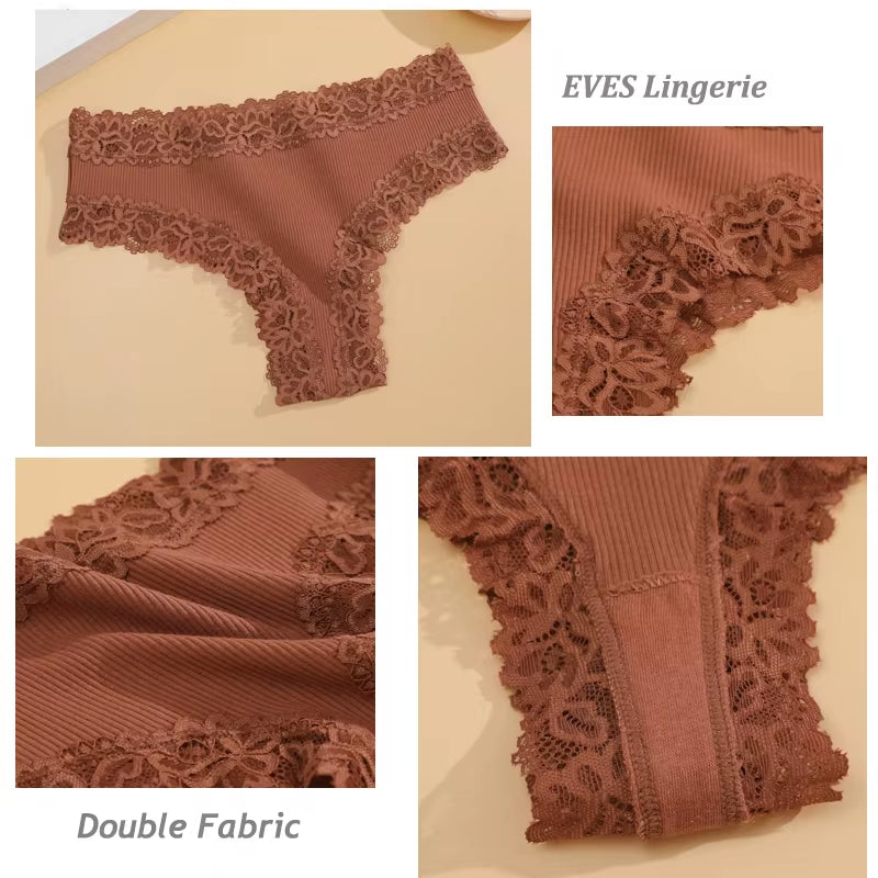 5Pcs/Set Women Lace Seamless Cotton Panties Sexy Brazilian Pants Ribbed Breathable Girls Underwear Soft plus Size Lingerie S-XL