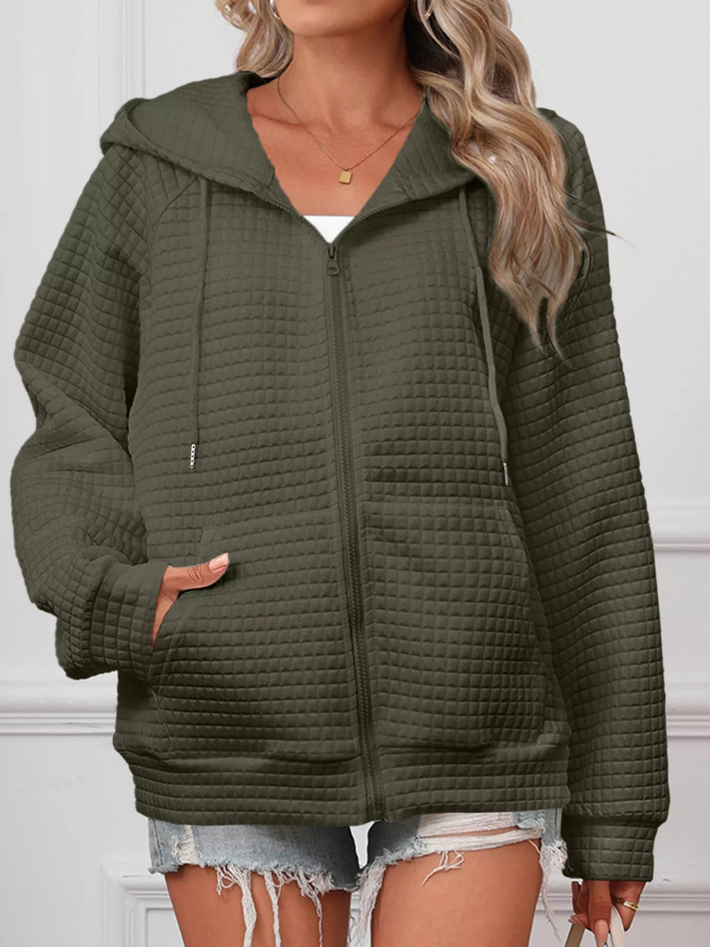 White Quilted Zip-Up Hooded Jacket with Drawstring