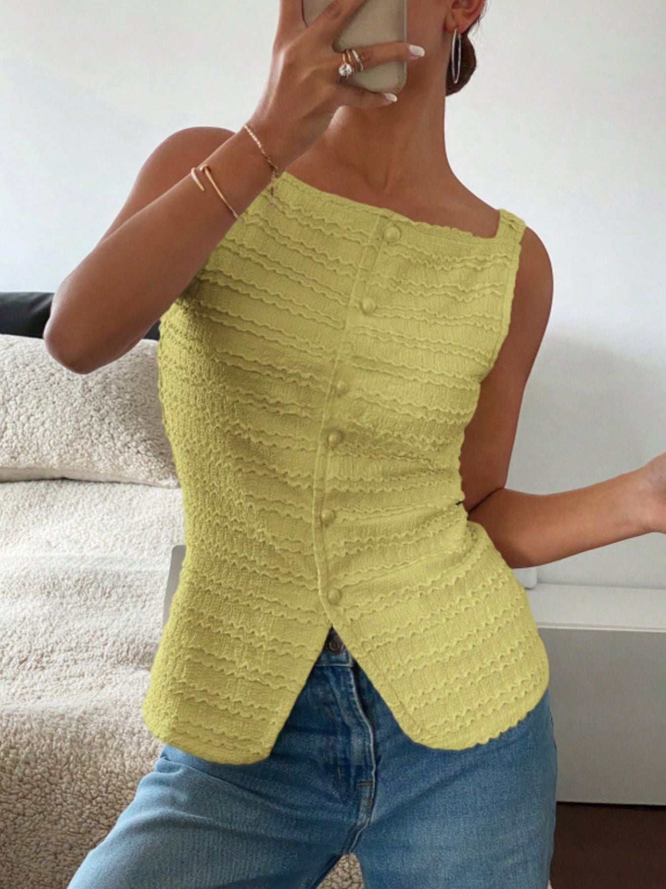 Women's Textured Button-Front Knit Tank Top