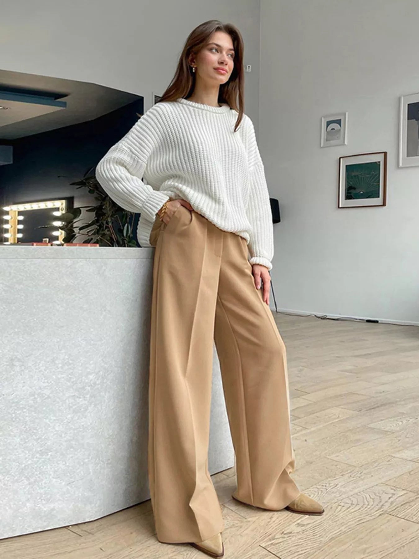 Women's High-Rise Wide Leg Pleated Pants – Relaxed Floor Length