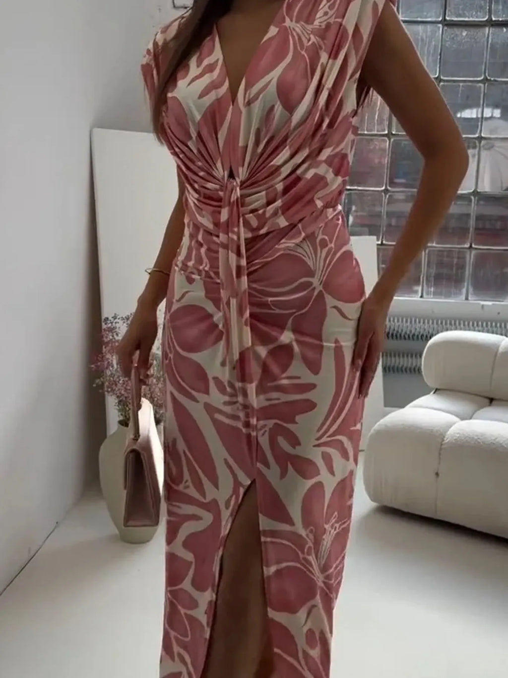 Full Size Slit Printed V-Neck Midi Dress for Plus Size Women - Stylish Plus Size Midi Dress