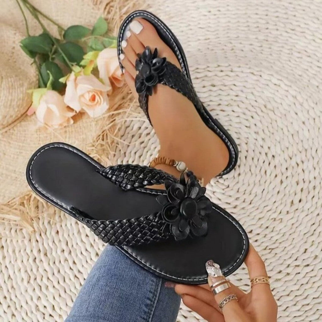 Black Floral Braided Thong Sandals Flat Summer Beach Shoes