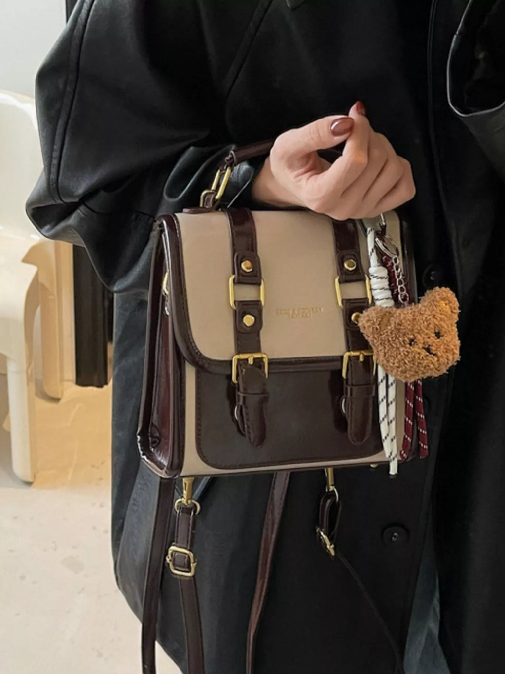 Two-Tone Brown and Beige Small Buckle Flap Backpack