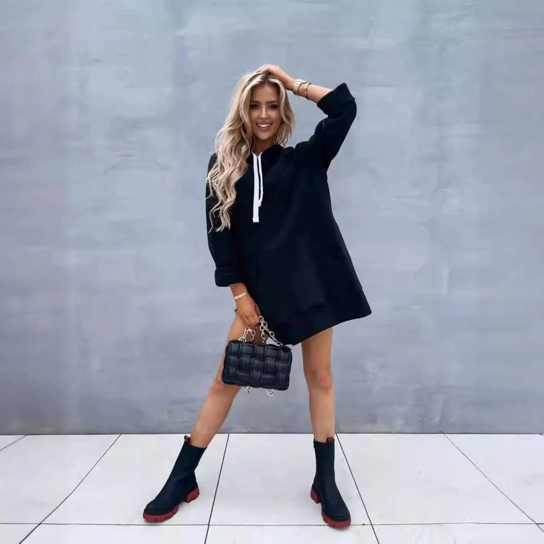 Women's Solid Color Hooded Mid-length Sweater