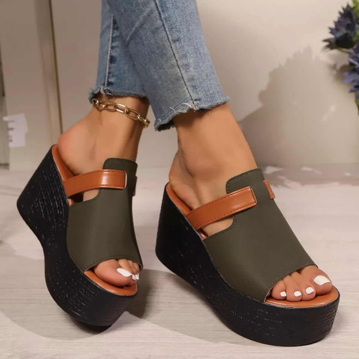 Women's Open Toe Platform Wedge Sandals PU Leather Slide Heels