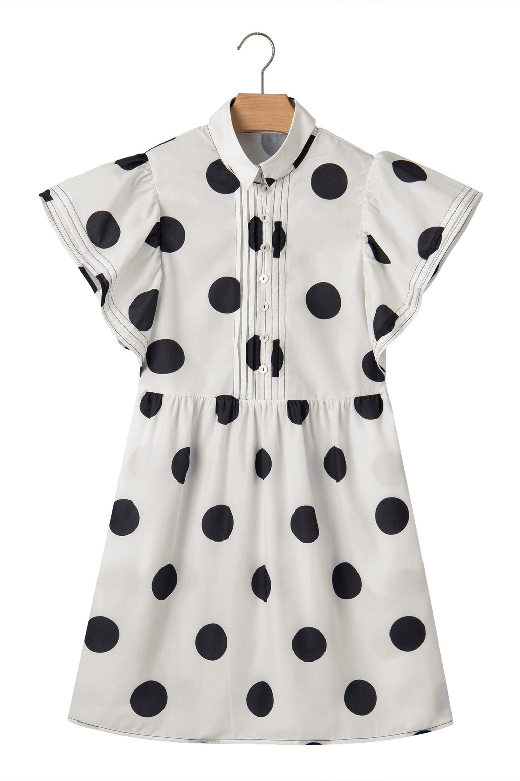 White Polka Dot Print Half Button Ruffled Short Sleeve Loose Mini Dress